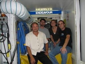 From Left: Raymond Bosek, PE; Seth Grablow, PE; Sabrina (admin) & Juan Pesante, PE. At Space Shuttle Orbiter OV-105 Endeavour white room access into crew compartment